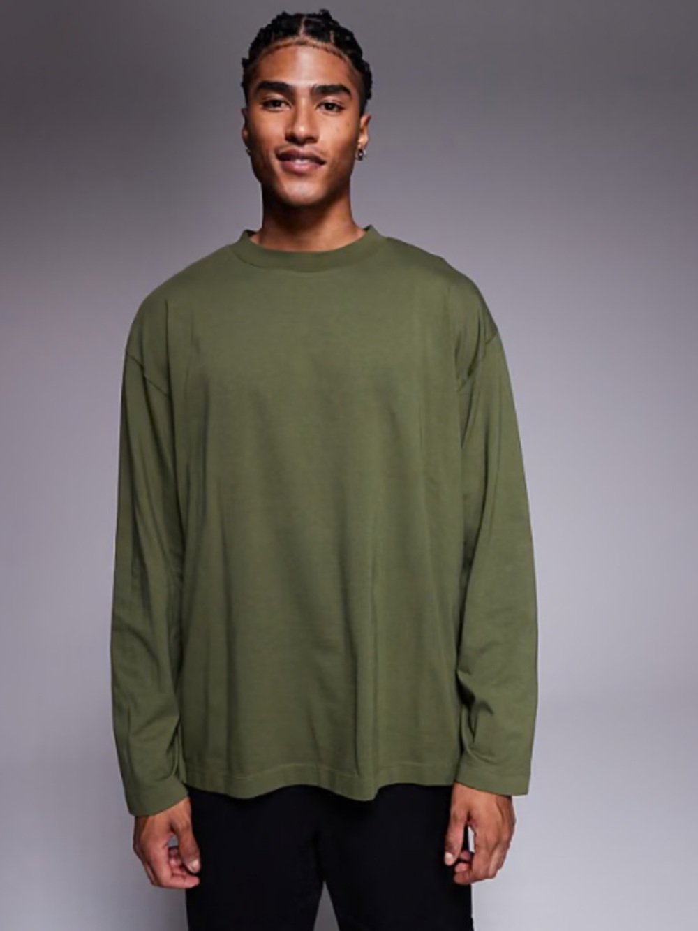 Big Mens Olive Green Long Sleeve Crewneck Tee